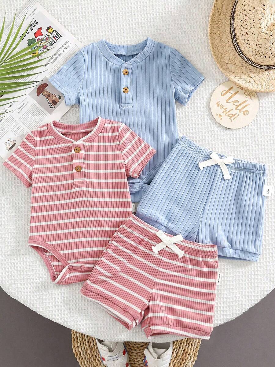Striped Bodysuit and Shorts 4 Piece Outfit Set for Cute Summer Daily Wear