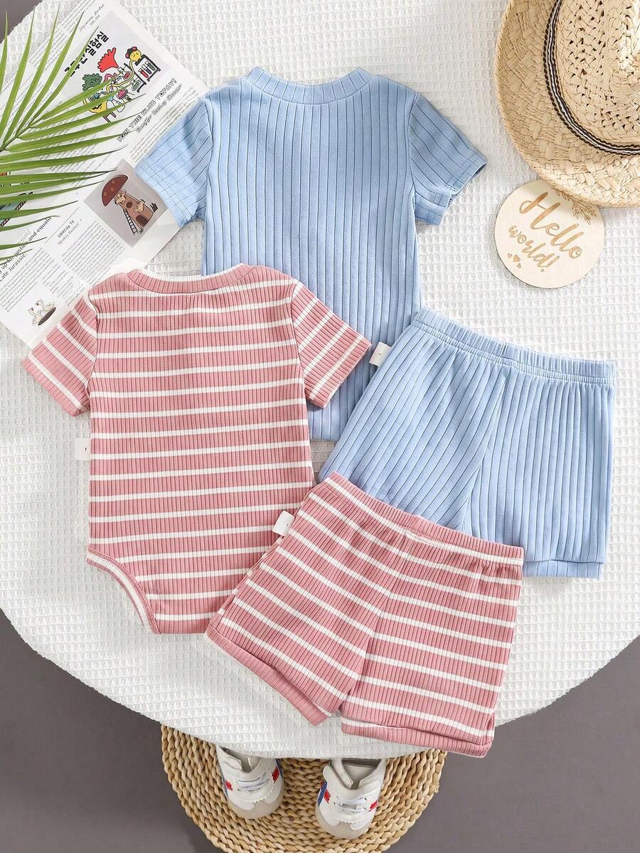 Striped Bodysuit and Shorts 4 Piece Outfit Set for Cute Summer Daily Wear