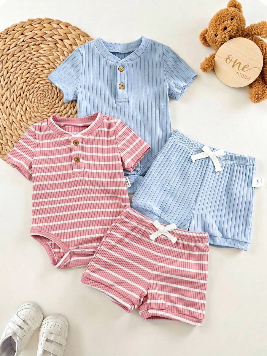 Striped Bodysuit and Shorts 4 Piece Outfit Set for Cute Summer Daily Wear