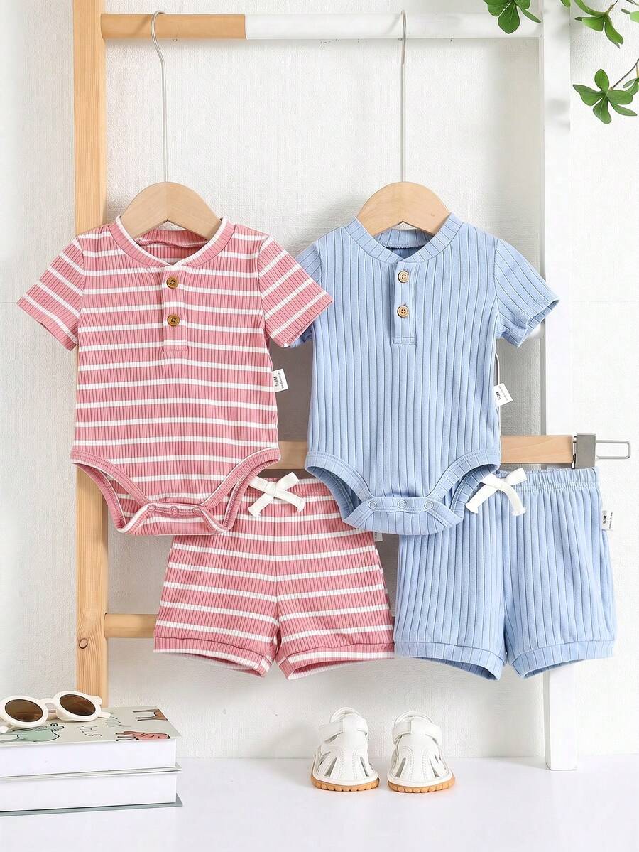 Striped Bodysuit and Shorts 4 Piece Outfit Set for Cute Summer Daily Wear