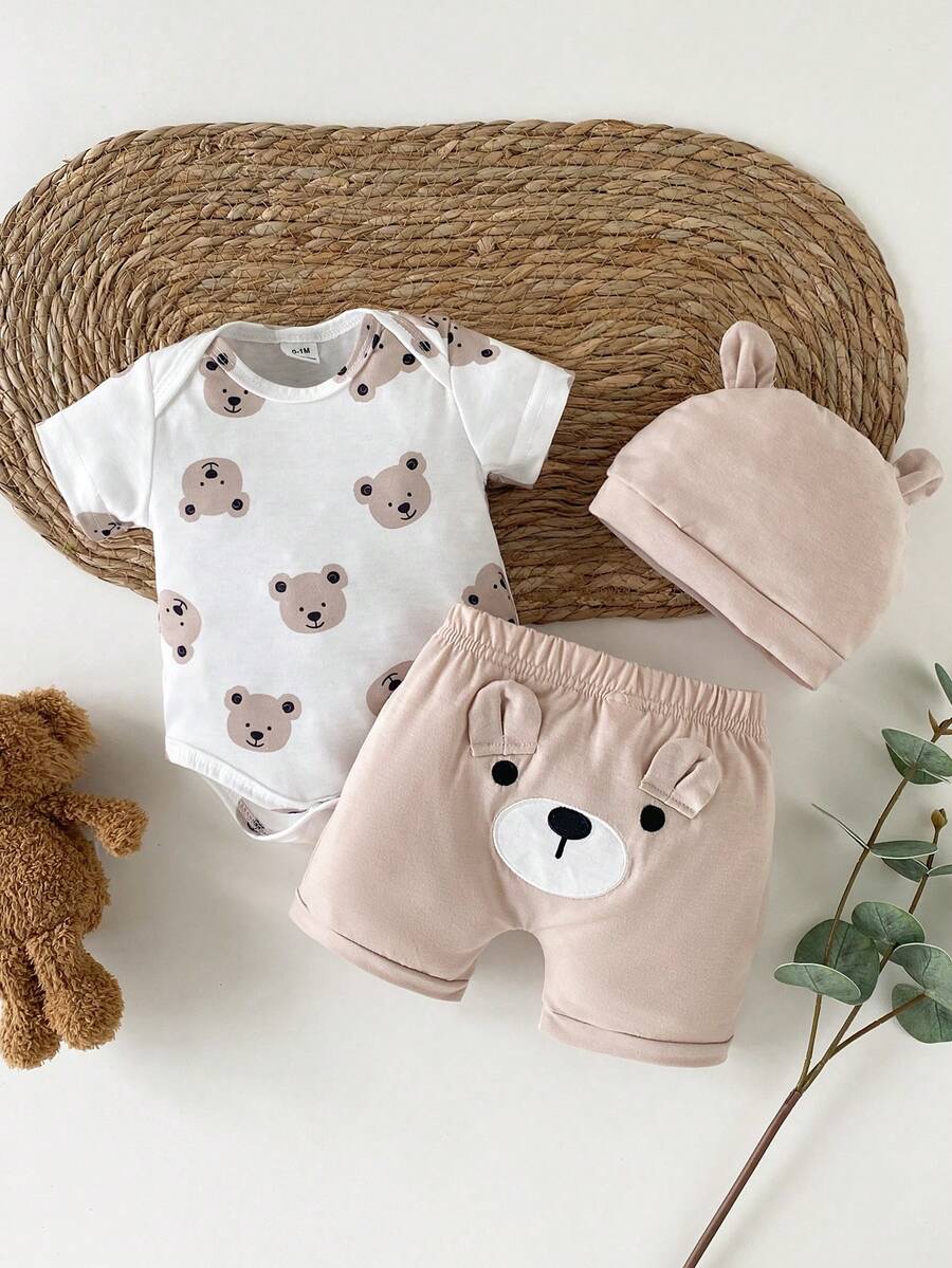 Baby Boys Brown Bear Romper Shorts and Hat Set for Summer Outdoor Wear