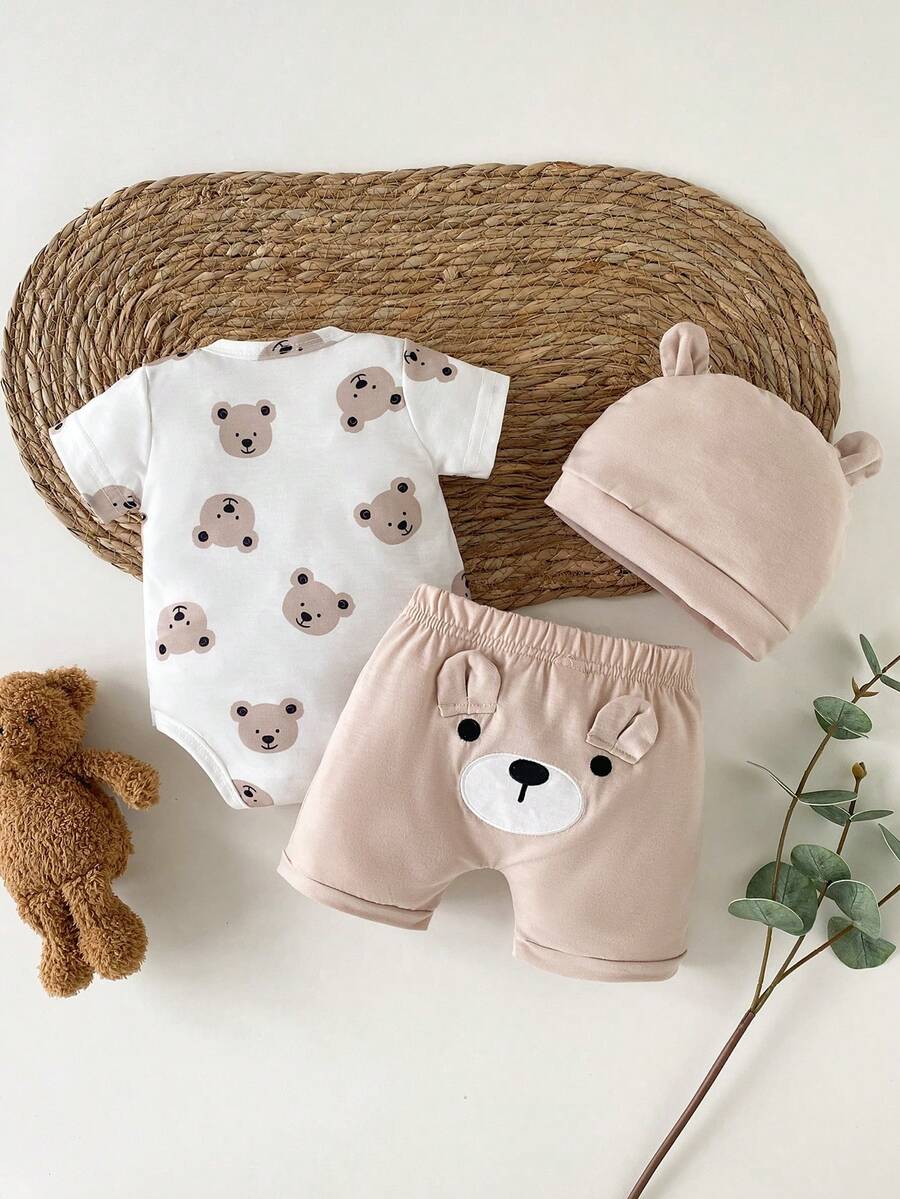 Baby Boys Brown Bear Romper Shorts and Hat Set for Summer Outdoor Wear