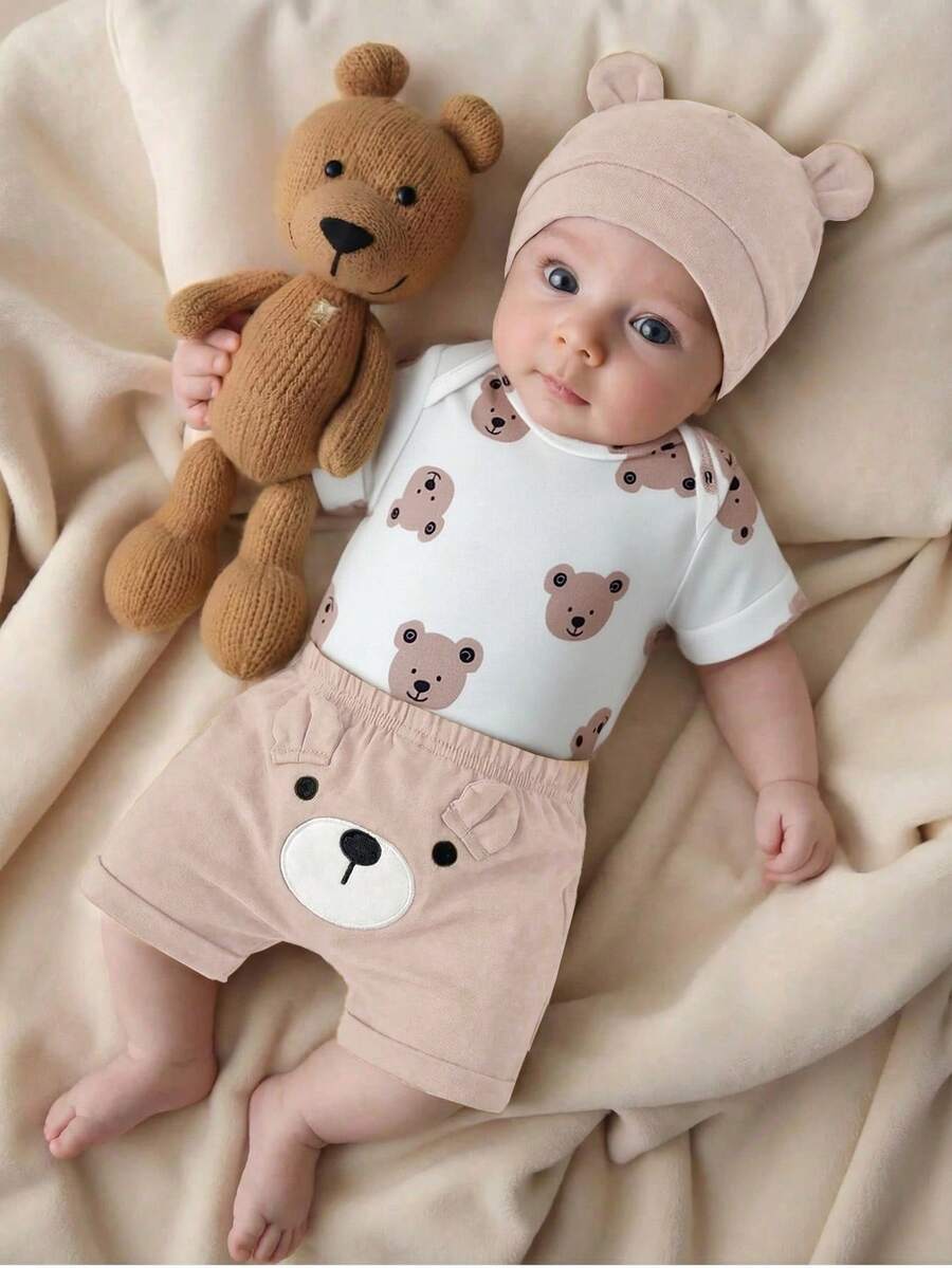 Baby Boys Brown Bear Romper Shorts and Hat Set for Summer Outdoor Wear