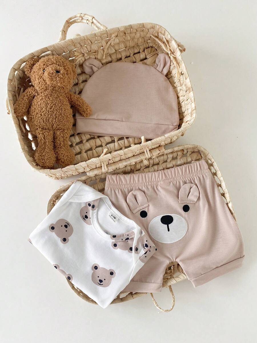 Baby Boys Brown Bear Romper Shorts and Hat Set for Summer Outdoor Wear