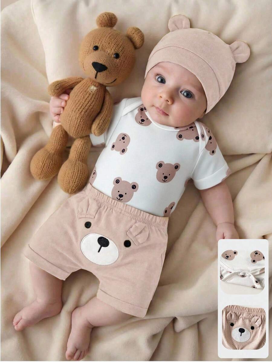 Baby Boys Brown Bear Romper Shorts and Hat Set for Summer Outdoor Wear