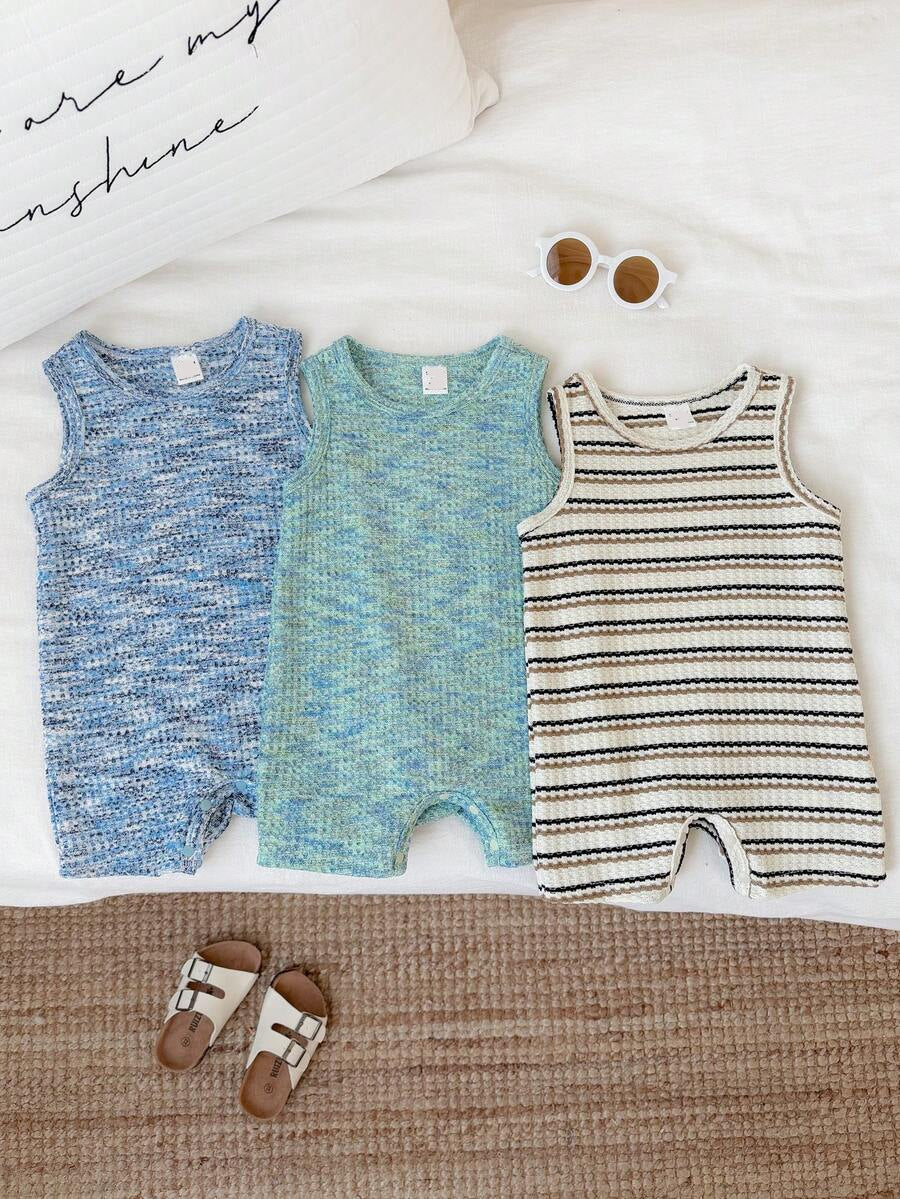 Unisex Baby Solid Color Soft Knit Sleeveless Romper 3 Piece Outfit Set