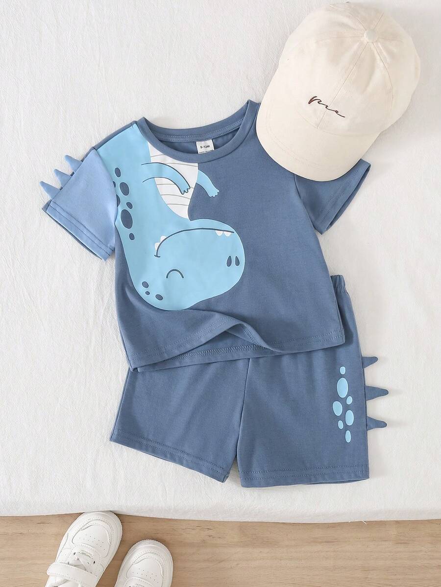 Baby Boy Animal Crayon Print T Shirt and Knitted Shorts 2 Piece Casual Spring Summer Outfit Set