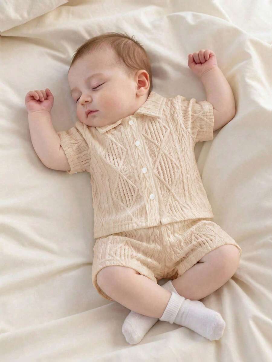 2PCS Baby Knitted Jacquard Shirt and Shorts Set for Casual Summer Outings