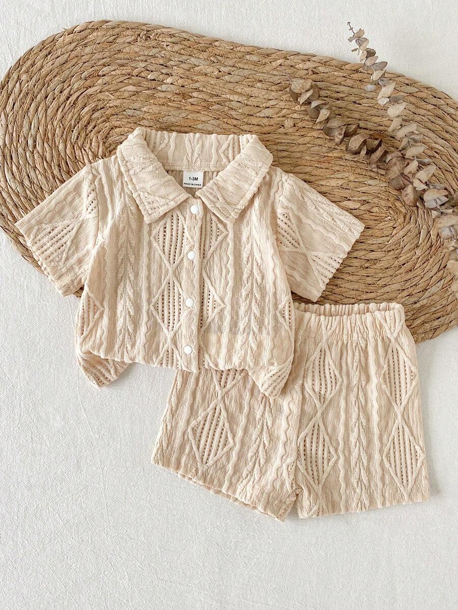 2PCS Baby Knitted Jacquard Shirt and Shorts Set for Casual Summer Outings