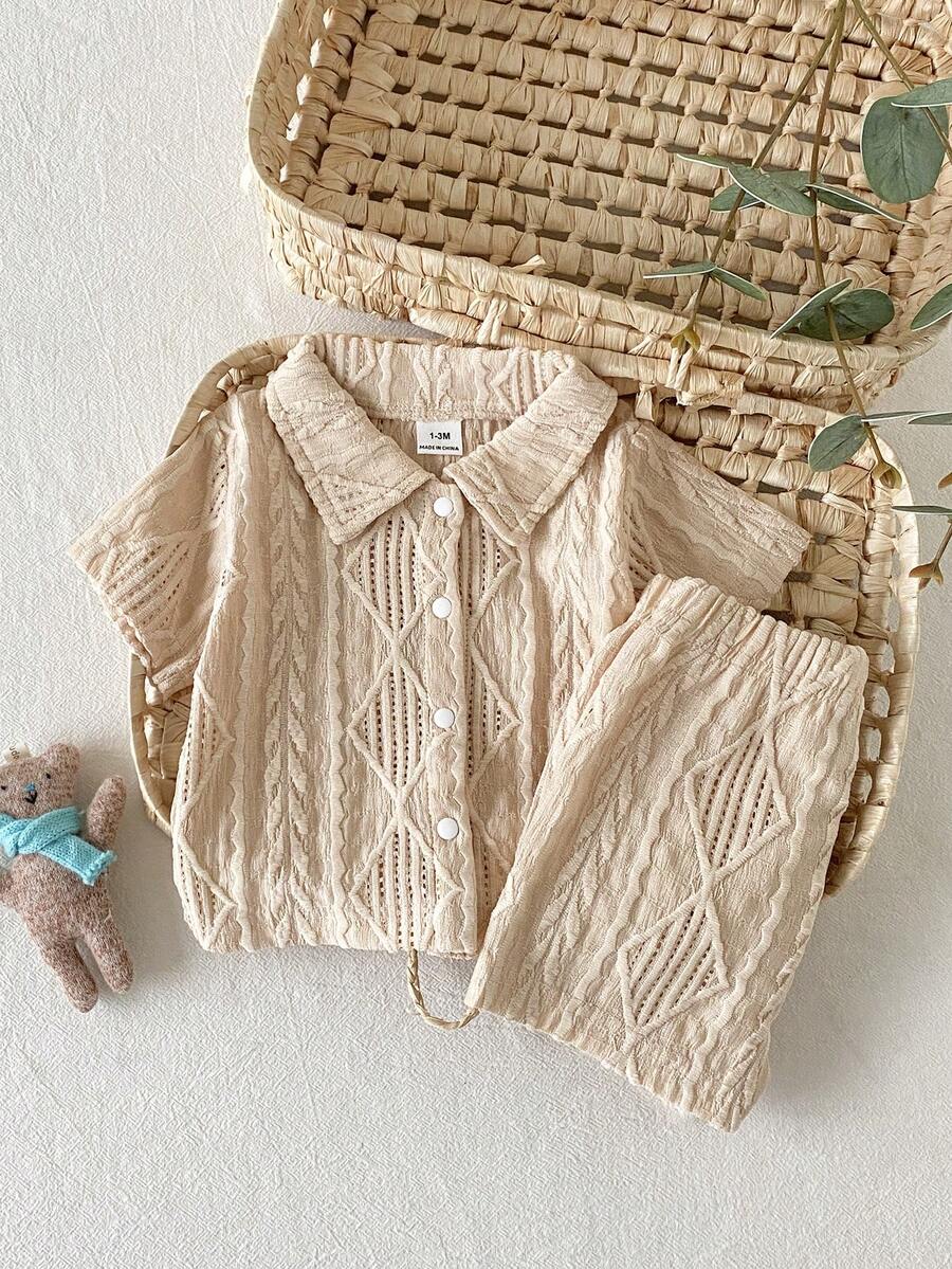2PCS Baby Knitted Jacquard Shirt and Shorts Set for Casual Summer Outings