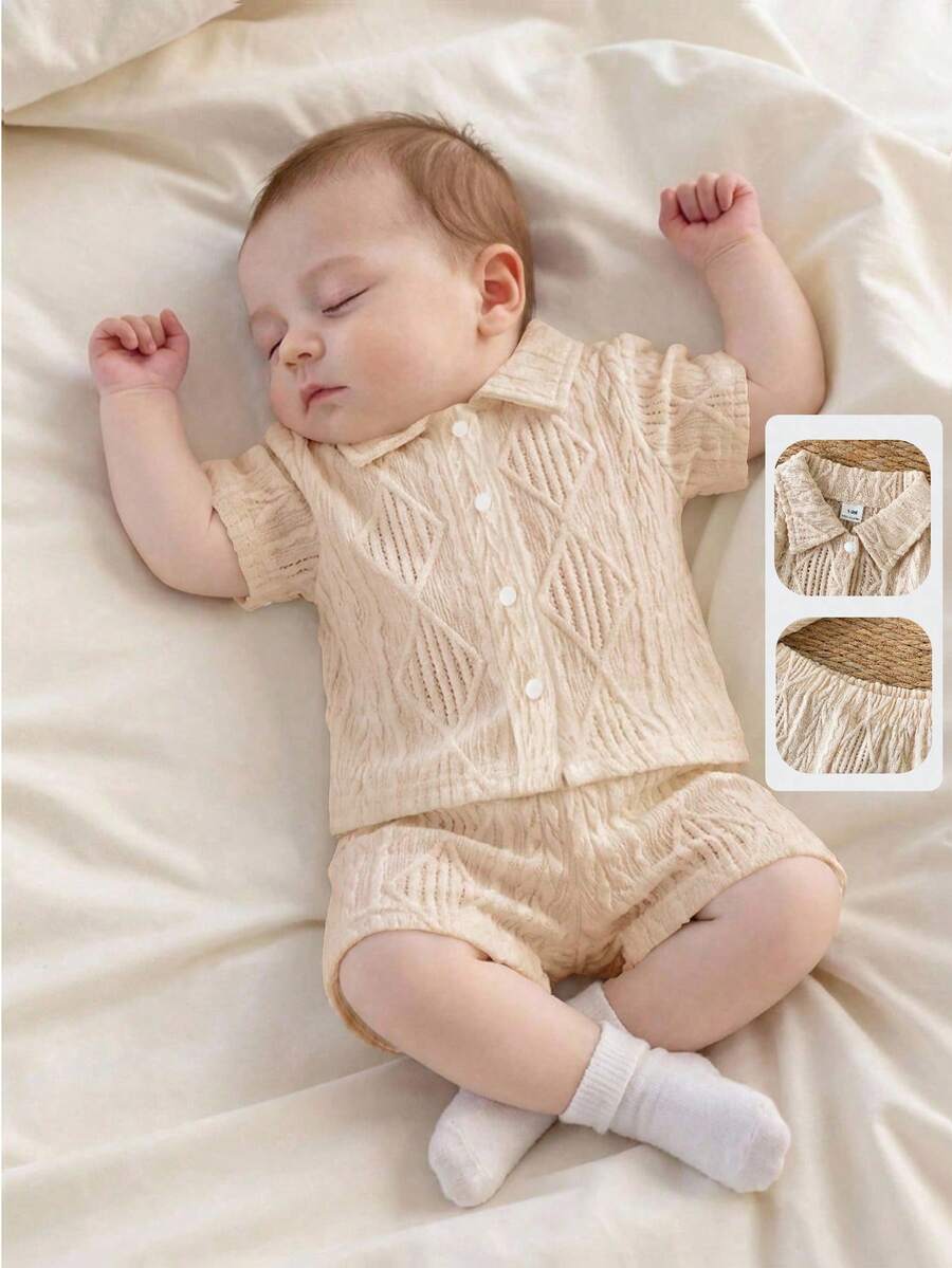 2PCS Baby Knitted Jacquard Shirt and Shorts Set for Casual Summer Outings