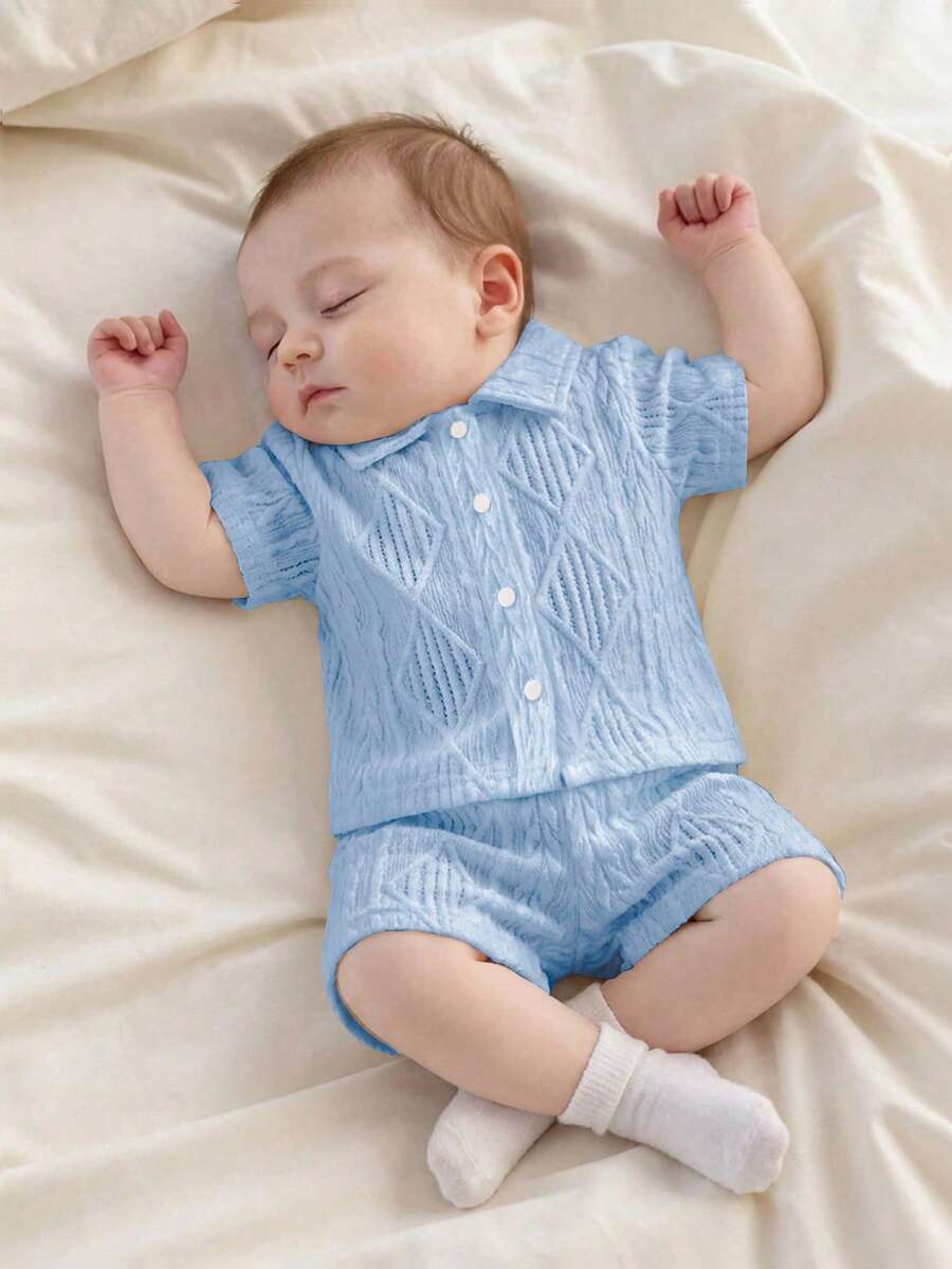 2PCS Baby Knitted Jacquard Shirt and Shorts Set for Casual Summer Outings