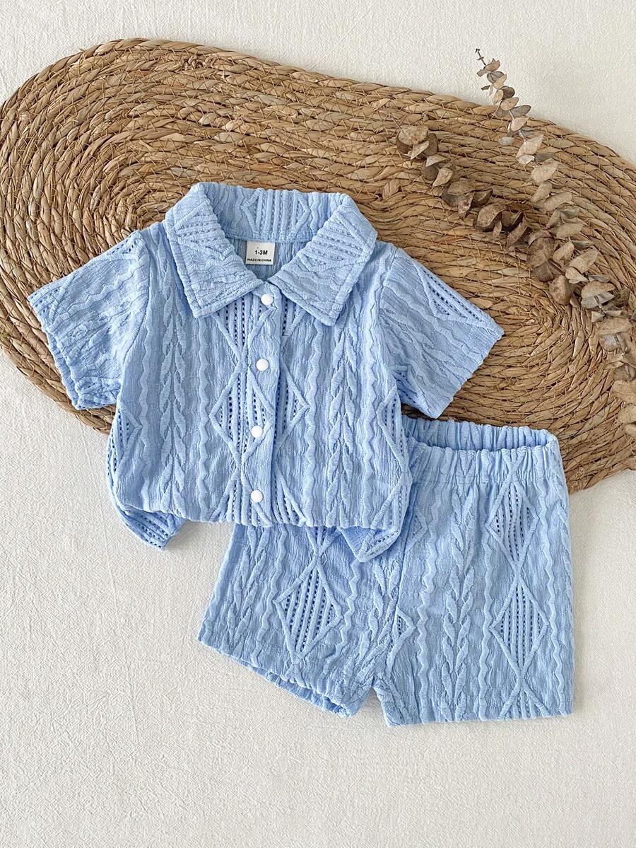 2PCS Baby Knitted Jacquard Shirt and Shorts Set for Casual Summer Outings