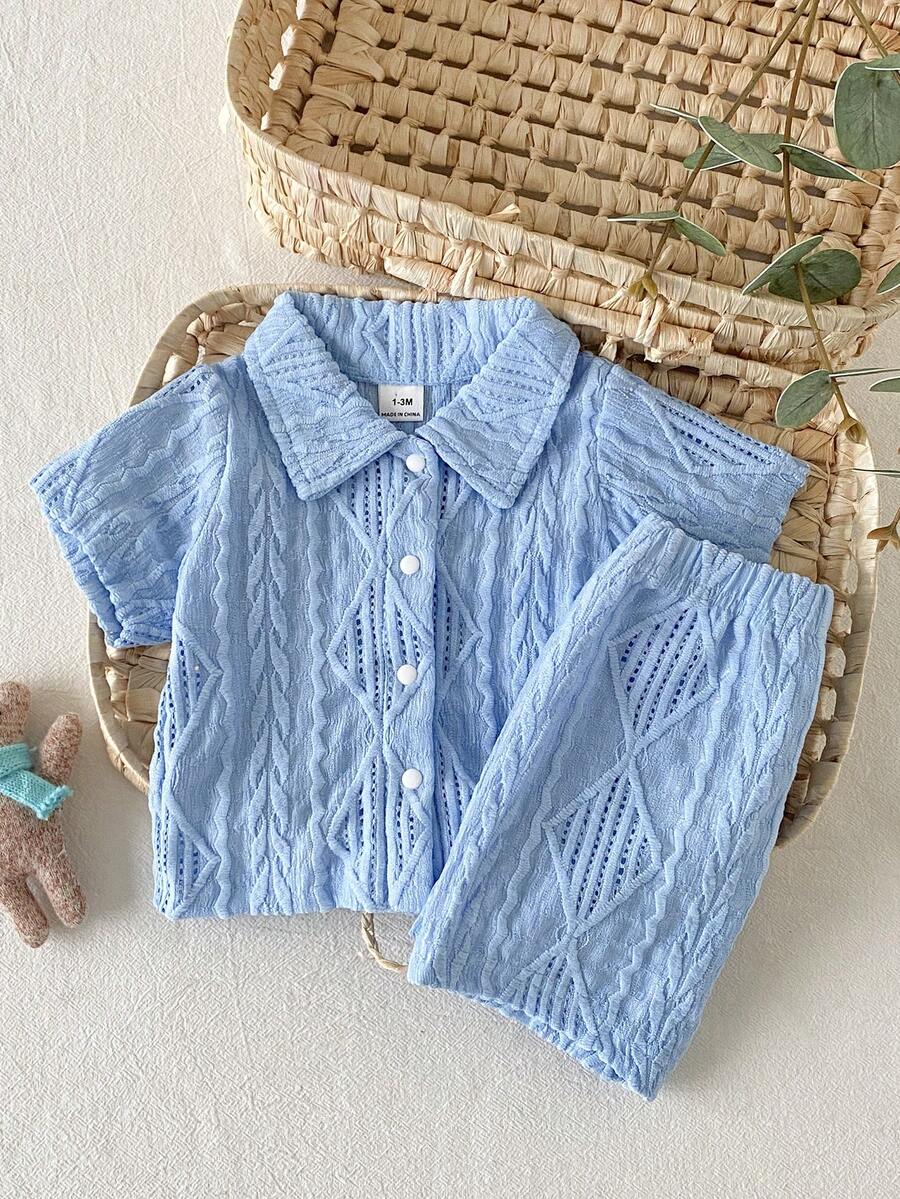 2PCS Baby Knitted Jacquard Shirt and Shorts Set for Casual Summer Outings