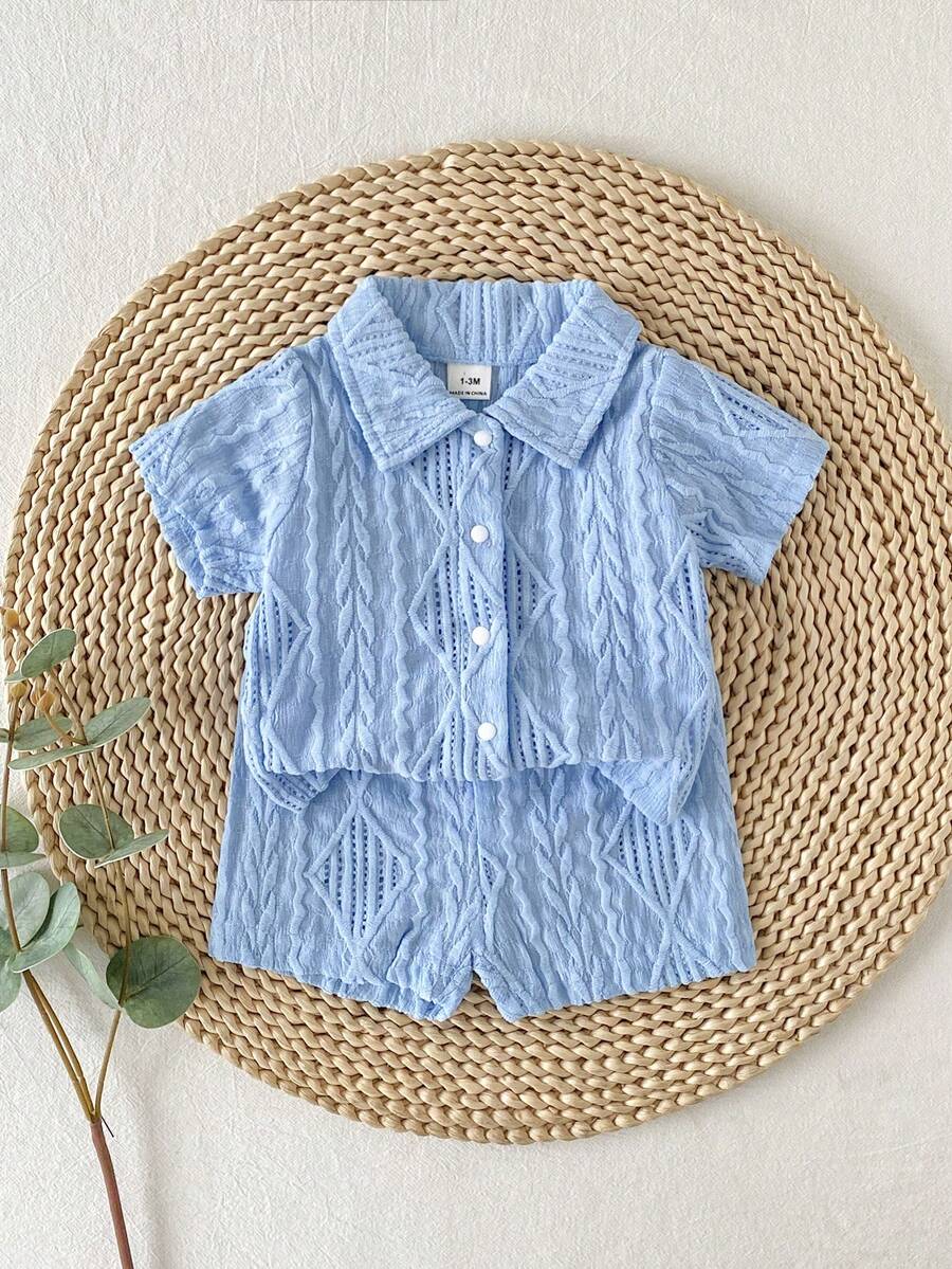 2PCS Baby Knitted Jacquard Shirt and Shorts Set for Casual Summer Outings