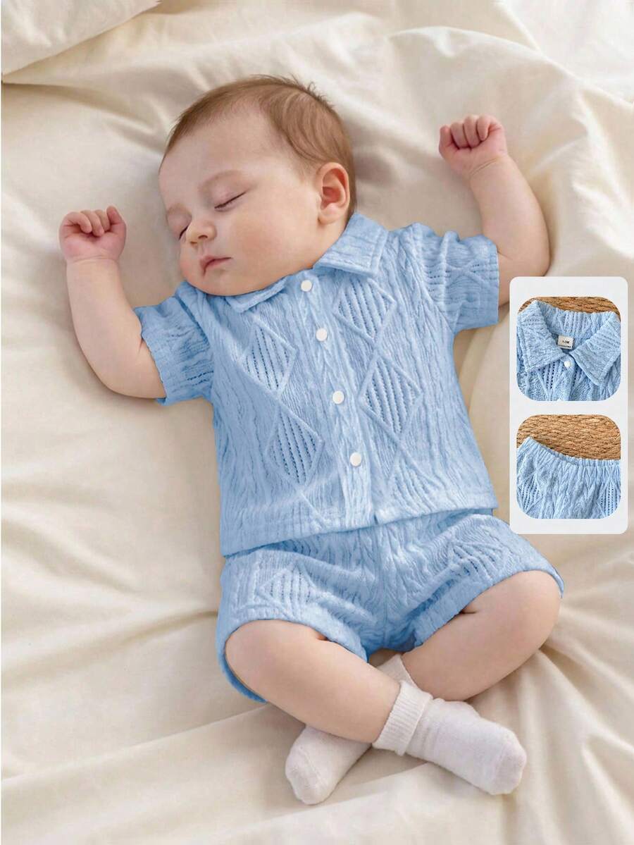 2PCS Baby Knitted Jacquard Shirt and Shorts Set for Casual Summer Outings