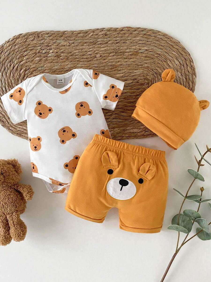 Baby Boys Brown Bear Romper Shorts and Hat Set for Summer Outdoor Wear