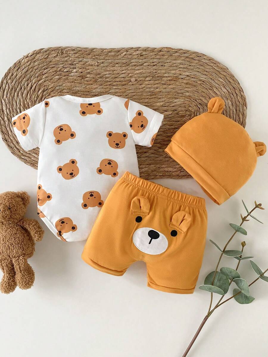 Baby Boys Brown Bear Romper Shorts and Hat Set for Summer Outdoor Wear