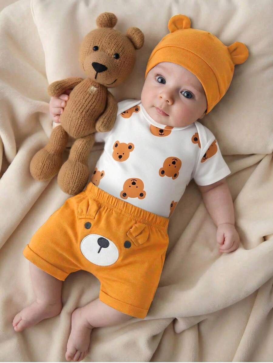 Baby Boys Brown Bear Romper Shorts and Hat Set for Summer Outdoor Wear