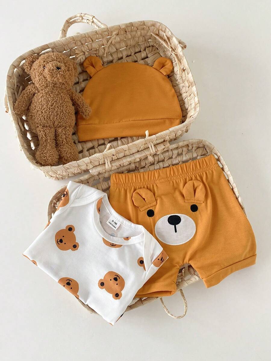 Baby Boys Brown Bear Romper Shorts and Hat Set for Summer Outdoor Wear