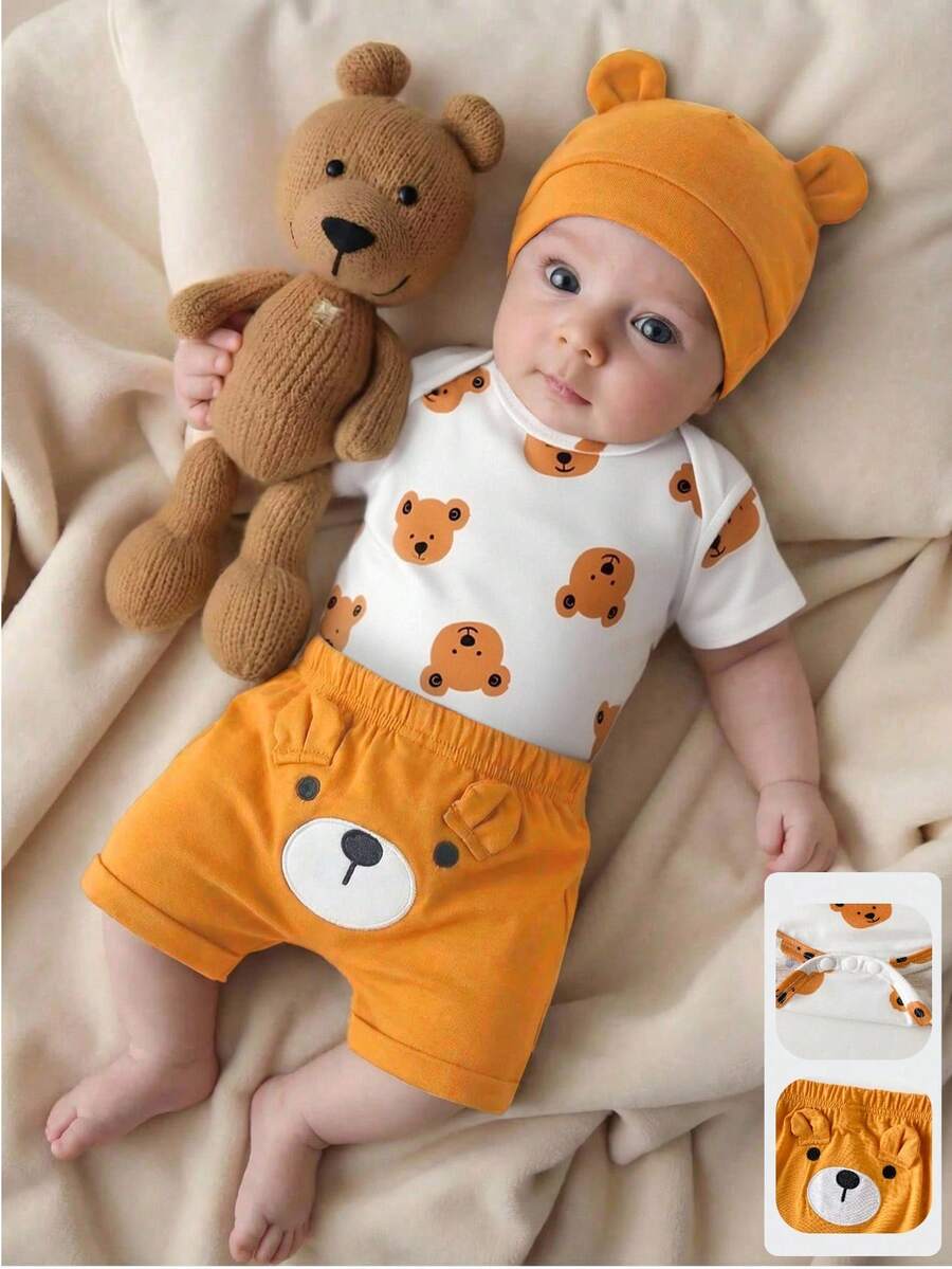 Baby Boys Brown Bear Romper Shorts and Hat Set for Summer Outdoor Wear