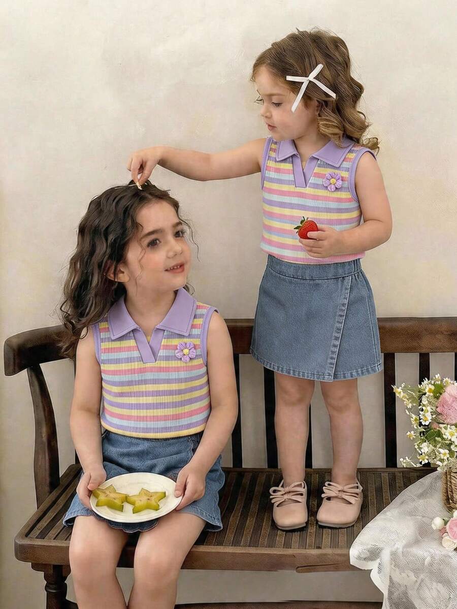Toddler Girls Textured Knit Vest Top And Denim Skort Flower Embroidered Summer Outfit Set