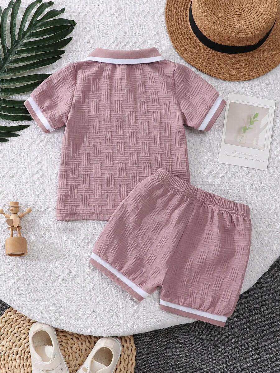 Stylish Baby Boy Solid Color Jacquard Top and Matching Shorts Summer Set