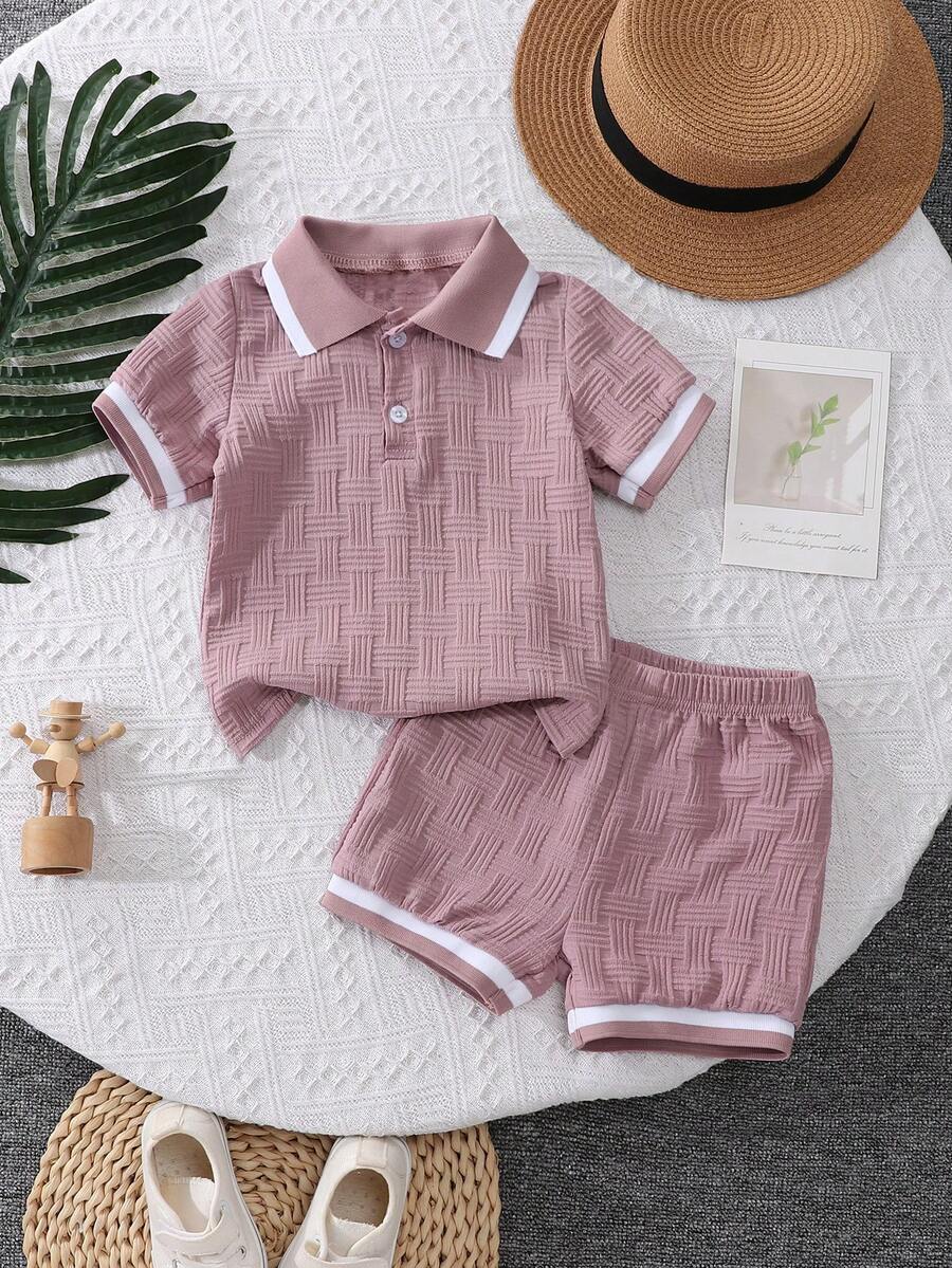 Stylish Baby Boy Solid Color Jacquard Top and Matching Shorts Summer Set