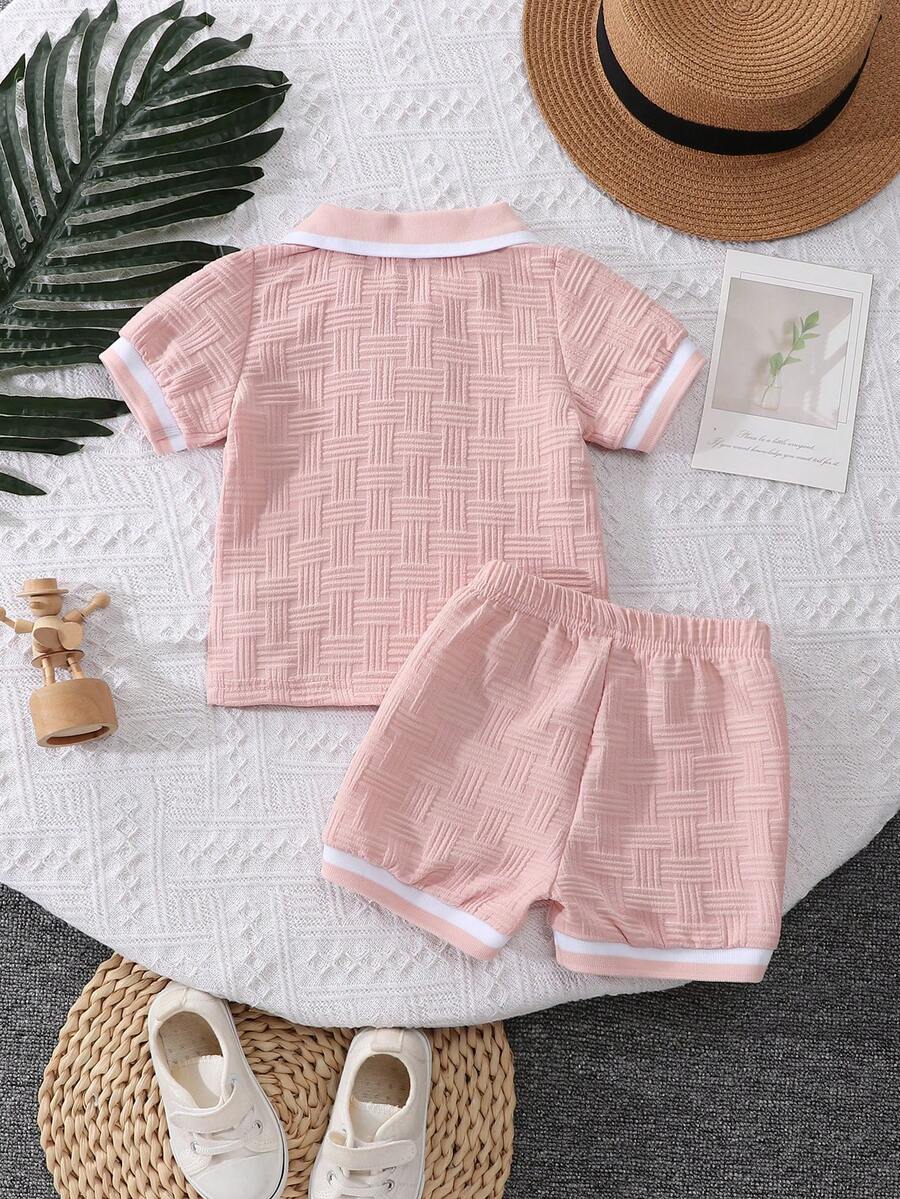 Stylish Baby Boy Solid Color Jacquard Top and Matching Shorts Summer Set