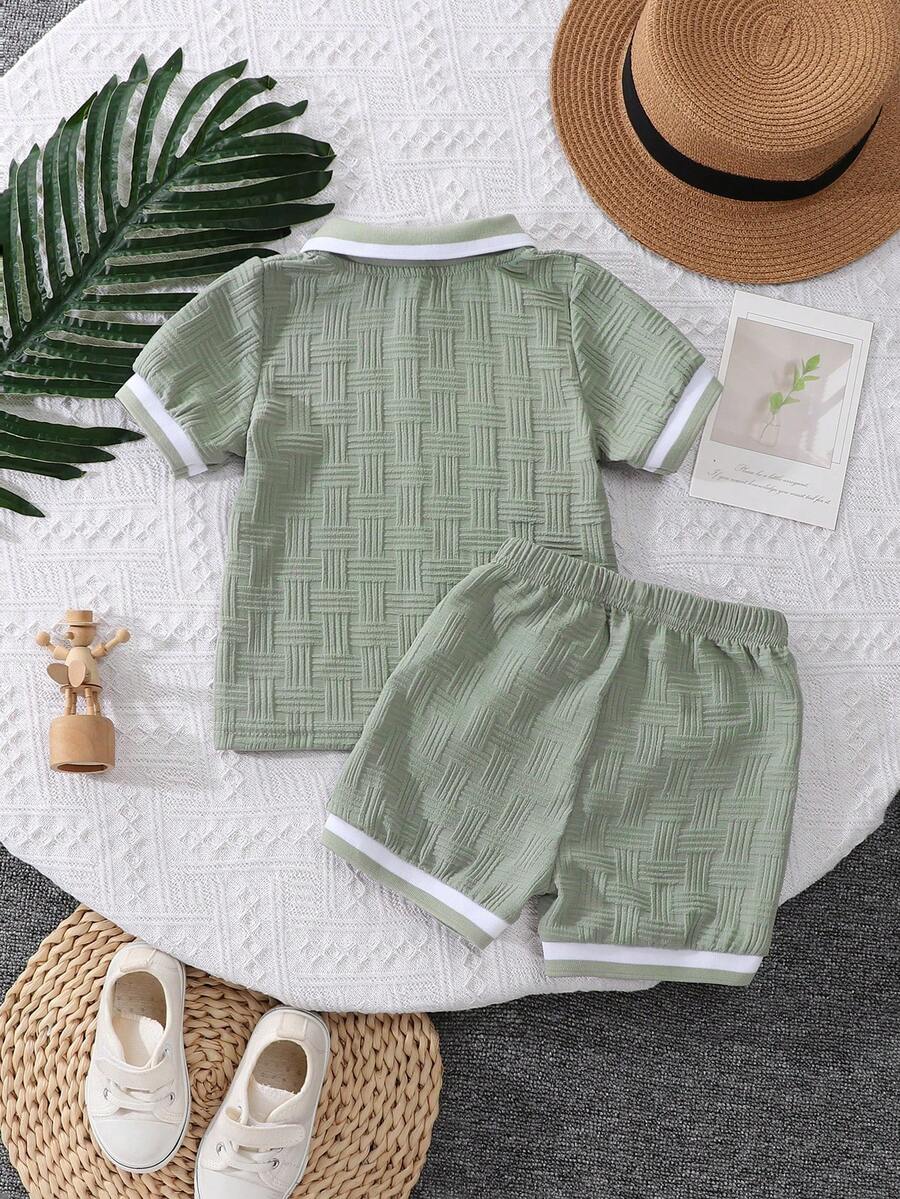 Stylish Baby Boy Solid Color Jacquard Top and Matching Shorts Summer Set