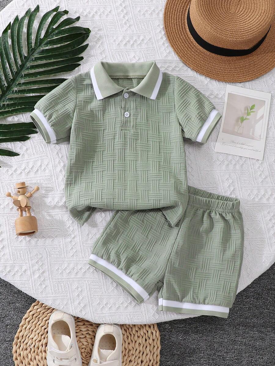 Stylish Baby Boy Solid Color Jacquard Top and Matching Shorts Summer Set