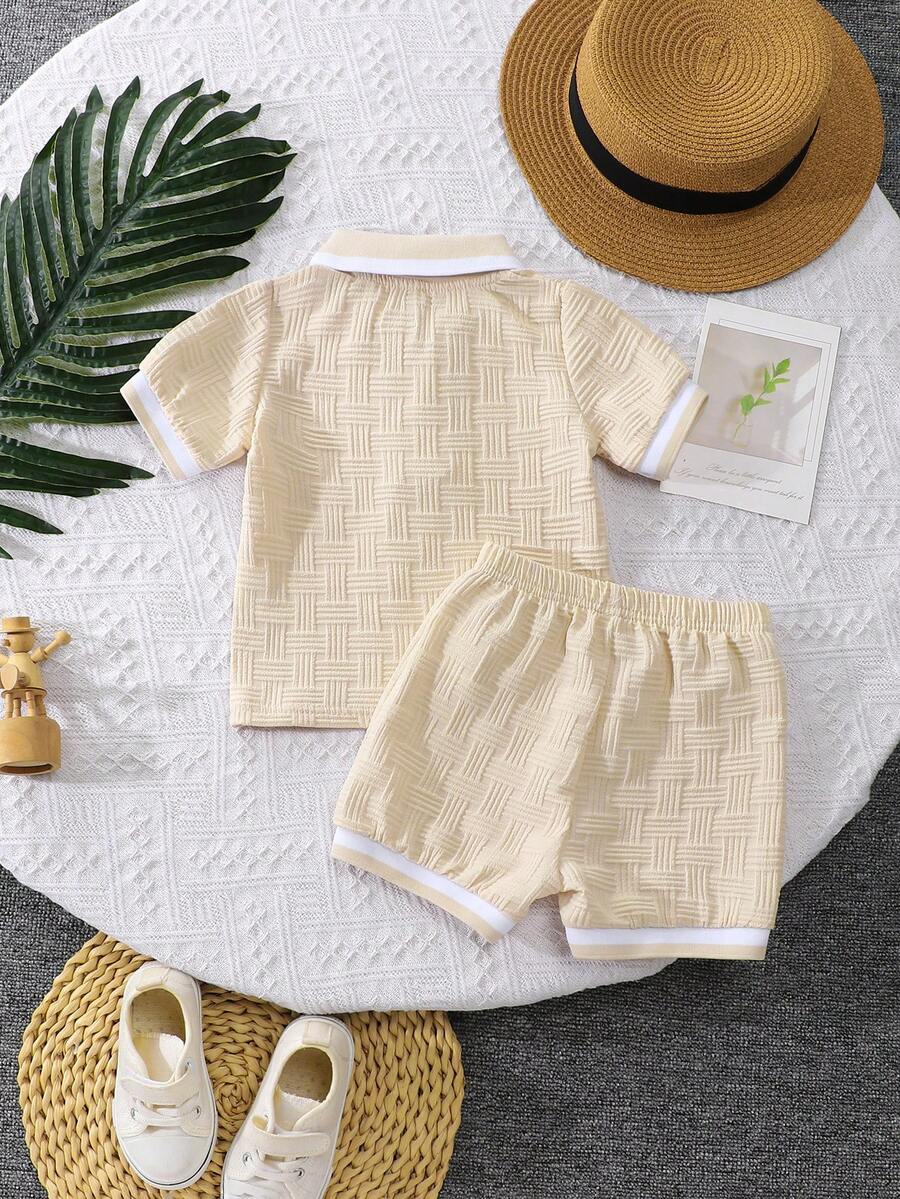 Stylish Baby Boy Solid Color Jacquard Top and Matching Shorts Summer Set