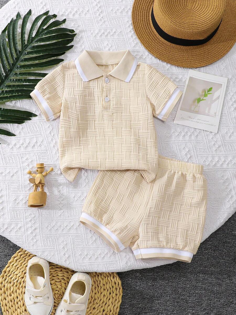 Stylish Baby Boy Solid Color Jacquard Top and Matching Shorts Summer Set