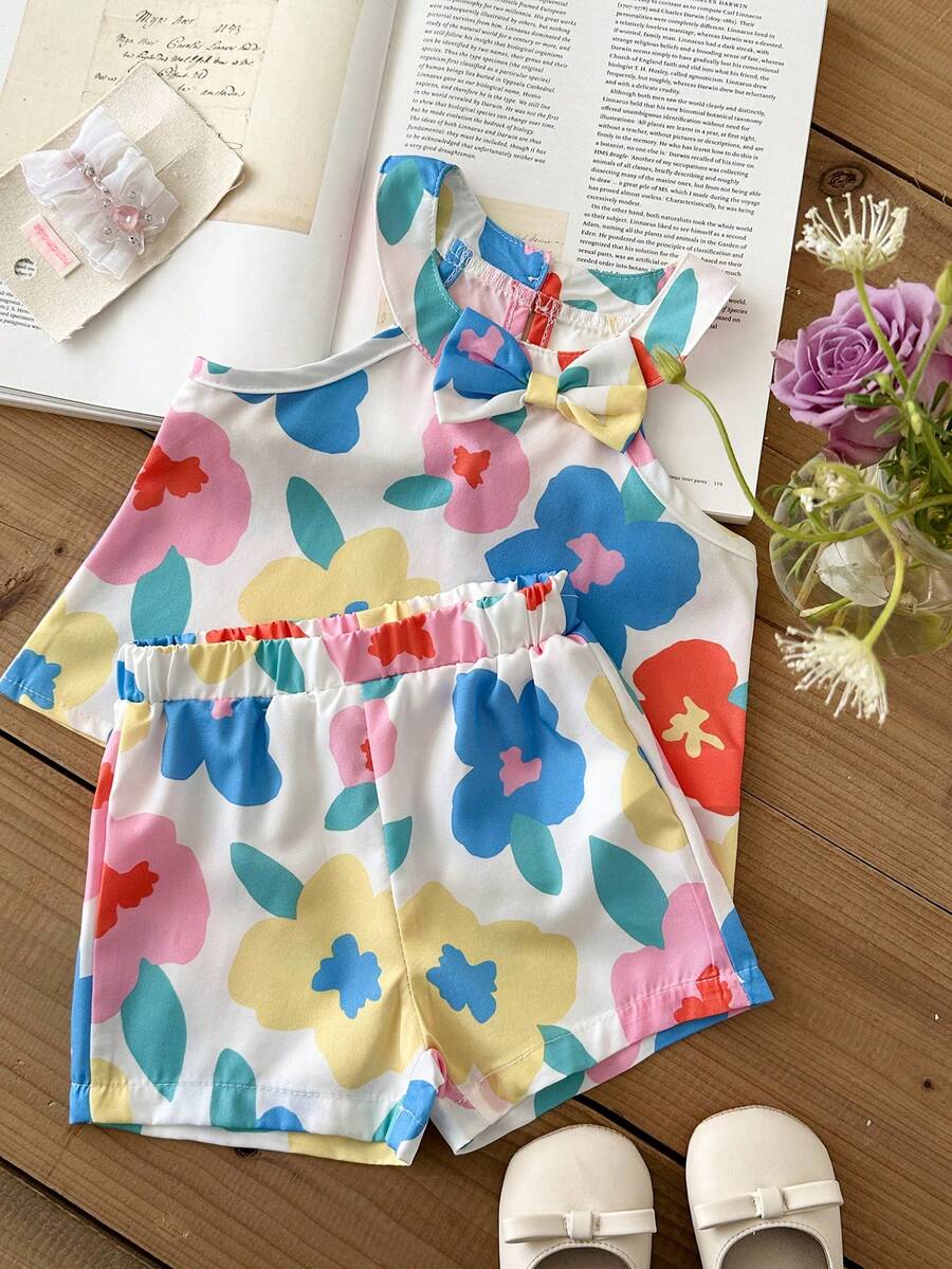 Cute Two Piece Floral Summer Clothing Set For Little Girls Elegant Style