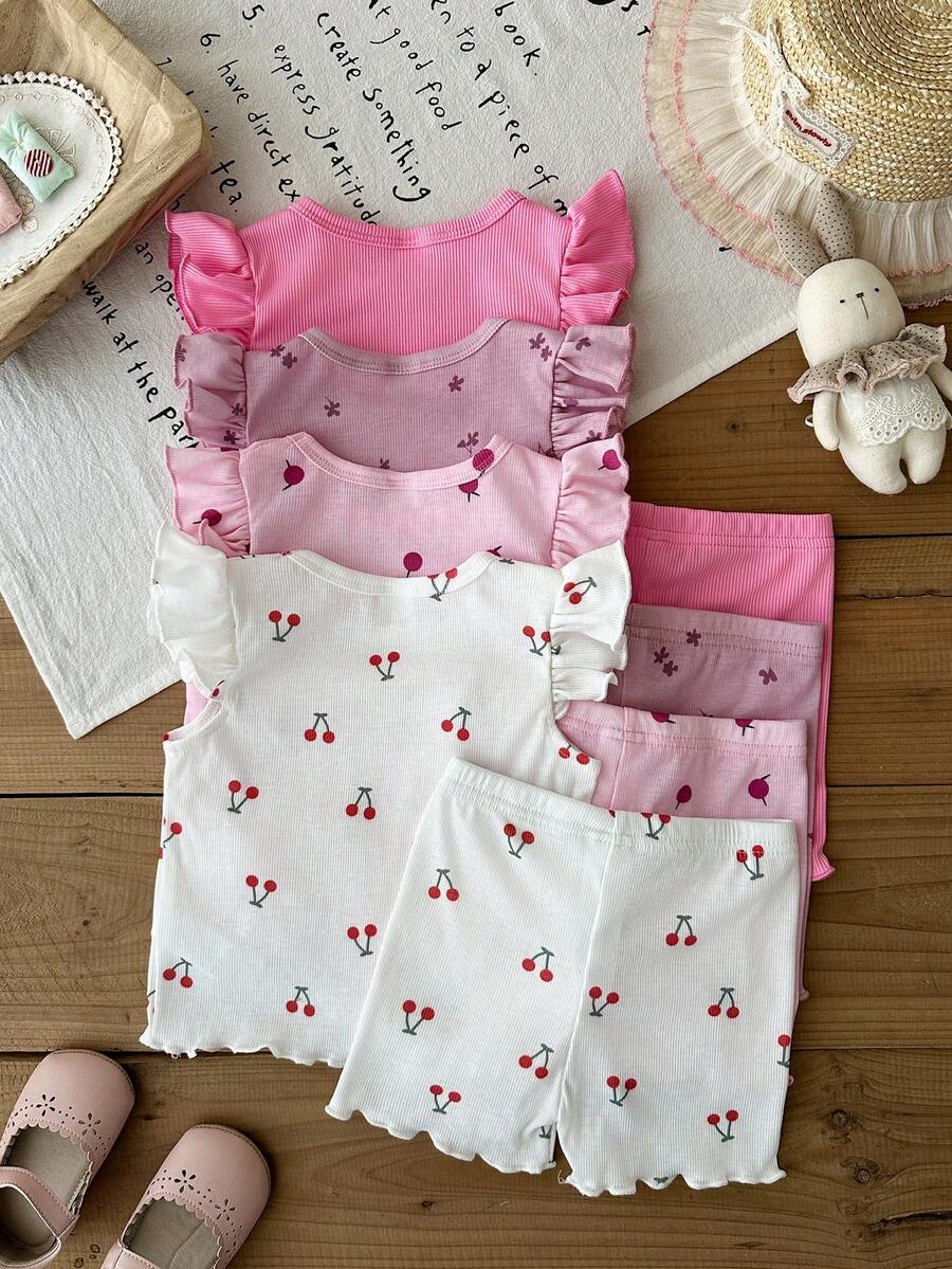 8-Piece Multi-Color Ribbed Short Sleeve Top and Shorts Set for Baby Girls