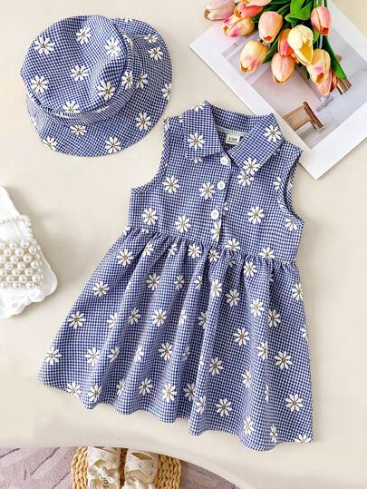 Kids Floral Print A-Line Dress With Bucket Hat Cute Summer Outing Clothing Set