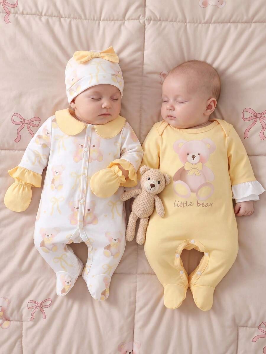 4PCS Newborn Bear & Bow Print Romper Set with Hat & Mittens