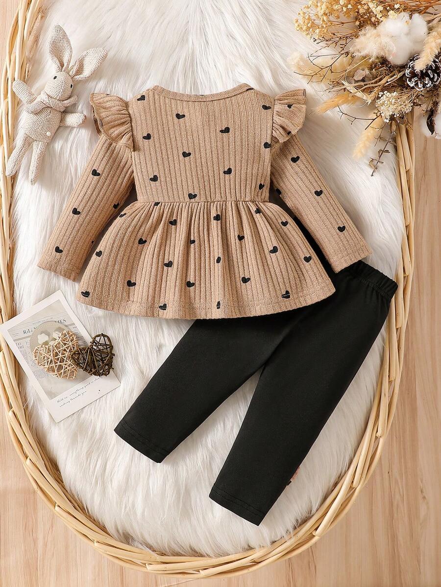 Newborn Spring/Fall Heart Print Pullover And Bow Detail Skinny Pants 2pcs Set For Casual, Outdoor & Christmas Wear
