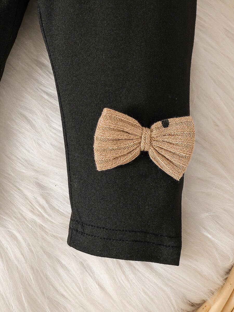 Newborn Spring/Fall Heart Print Pullover And Bow Detail Skinny Pants 2pcs Set For Casual, Outdoor & Christmas Wear