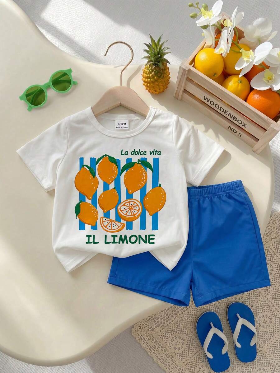 Baby Boy Sun Print T Shirt and Striped Shorts 2 Piece Summer Vacation Outfit Set
