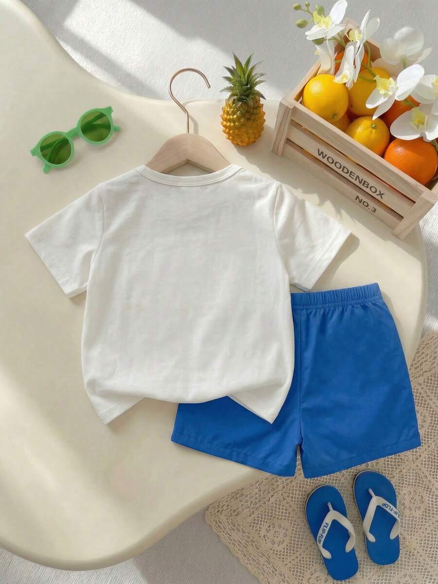 Baby Boy Sun Print T Shirt and Striped Shorts 2 Piece Summer Vacation Outfit Set