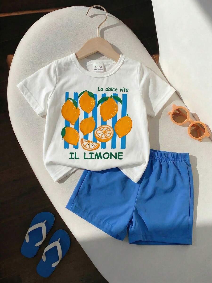 Baby Boy Sun Print T Shirt and Striped Shorts 2 Piece Summer Vacation Outfit Set