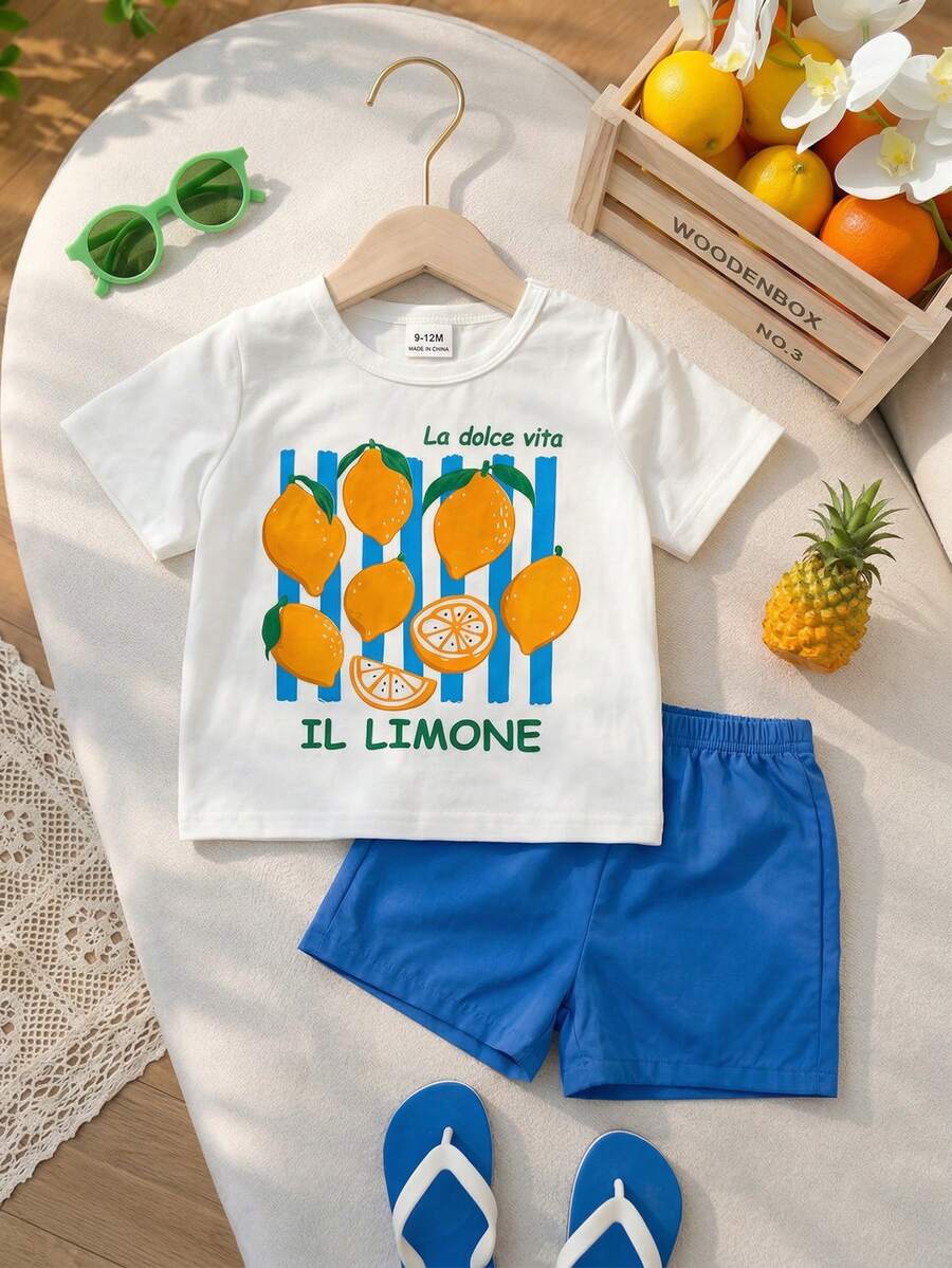 Baby Boy Sun Print T Shirt and Striped Shorts 2 Piece Summer Vacation Outfit Set