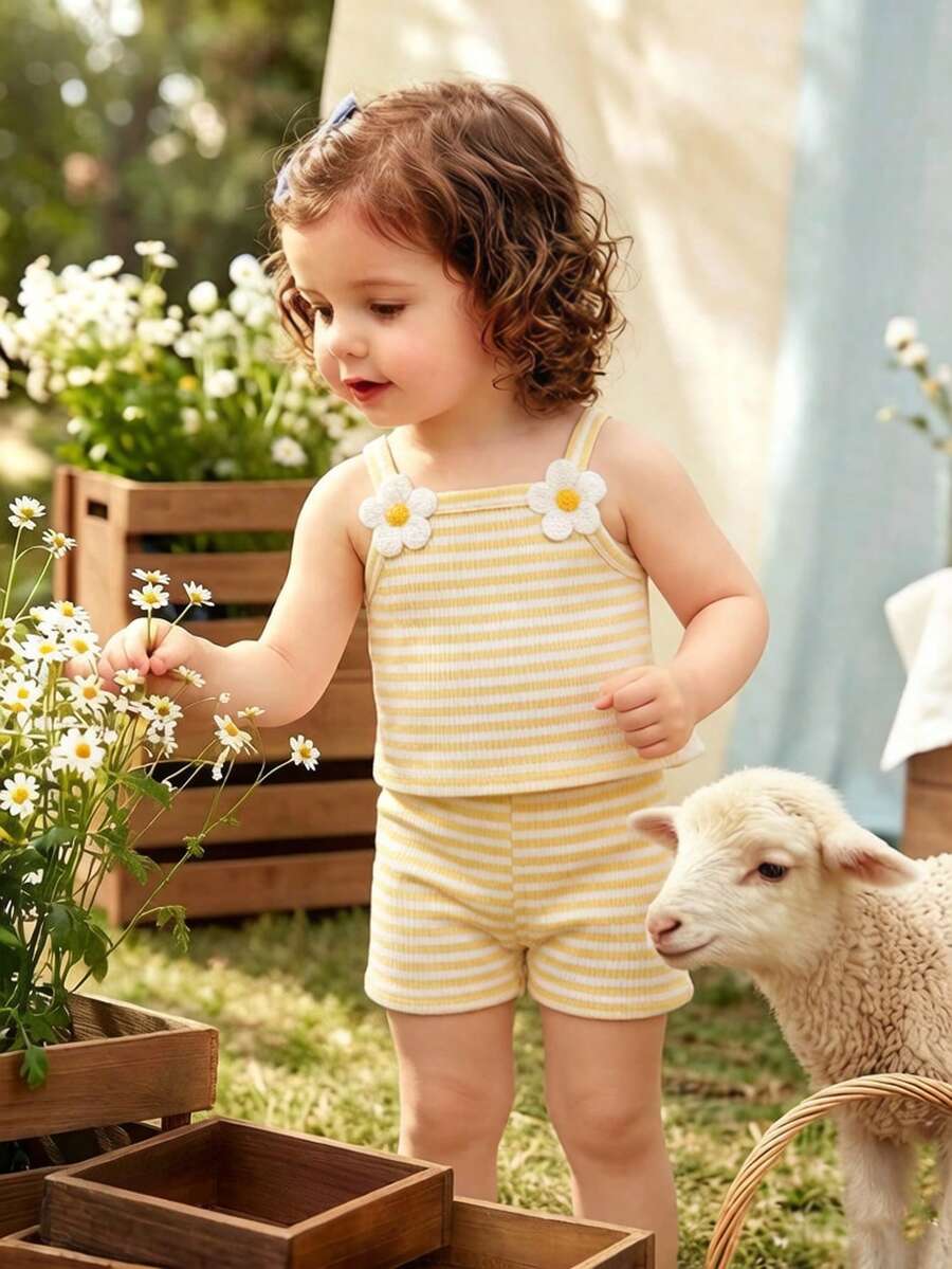 Striped Knit Camisole And Shorts Set For Baby Girls Summer Vacation Wear