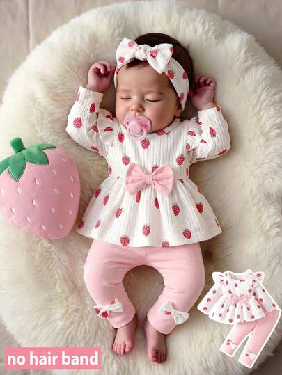 Pink Heart Knit Outfit Set with Bow Detail for Autumn and Spring Wear