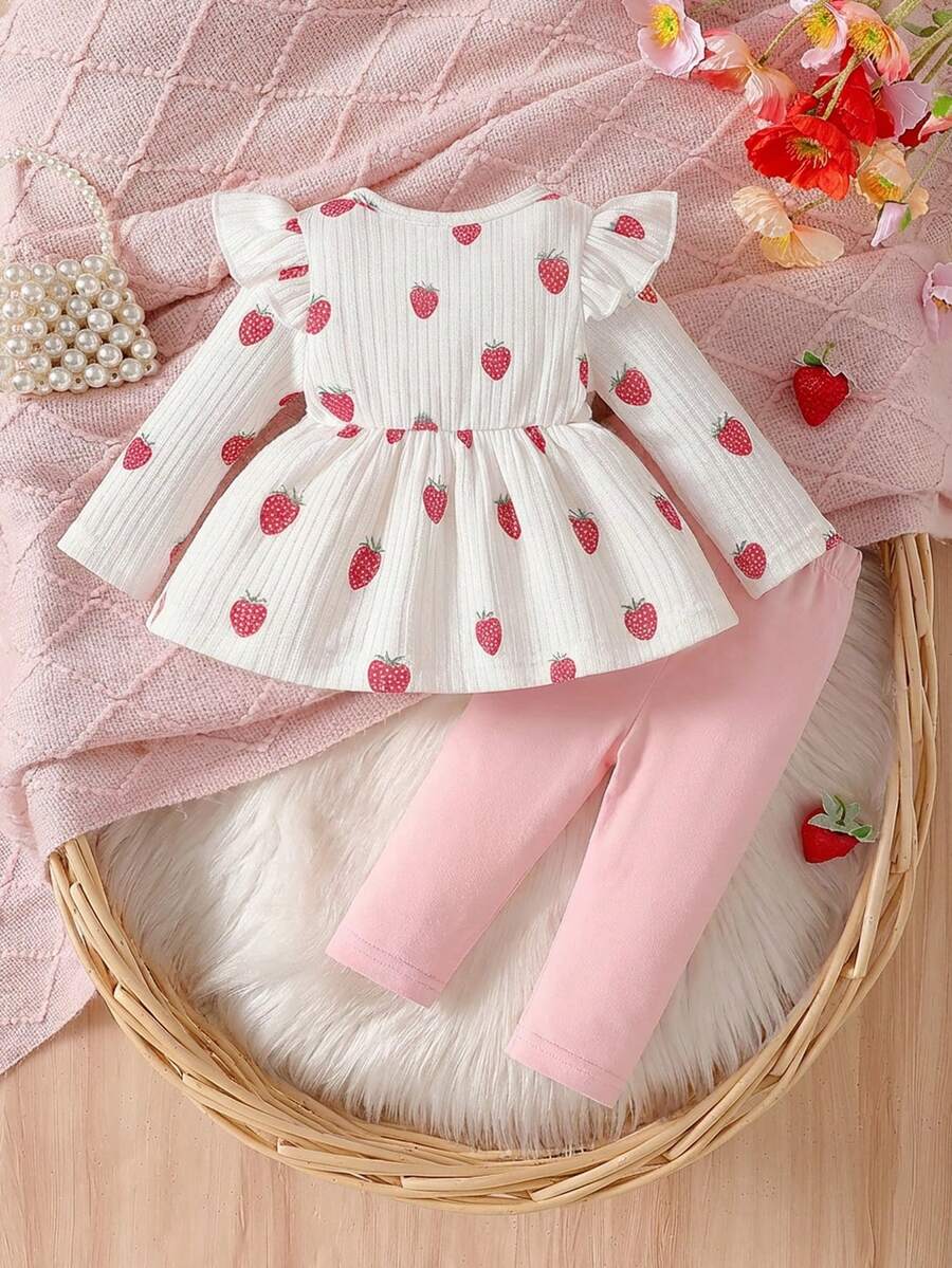 Pink Heart Knit Outfit Set with Bow Detail for Autumn and Spring Wear