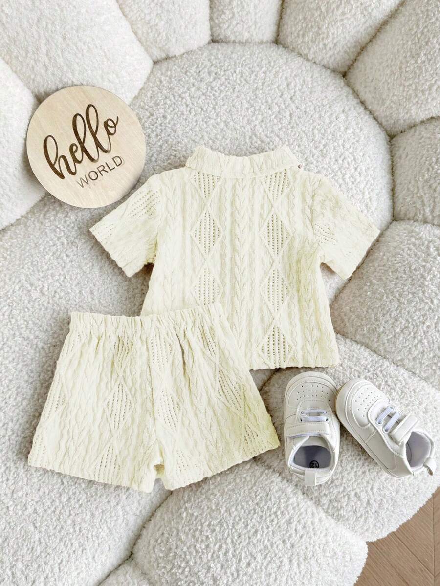 Baby Boy 2pcs Knit Jacquard Summer Set - Short Sleeve Shirt & Elastic Shorts