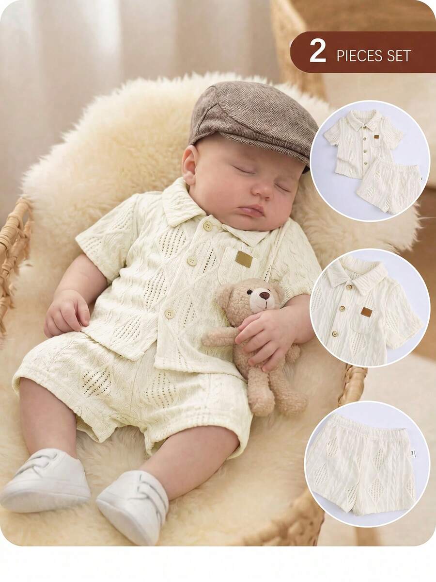 Baby Boy 2pcs Knit Jacquard Summer Set - Short Sleeve Shirt & Elastic Shorts