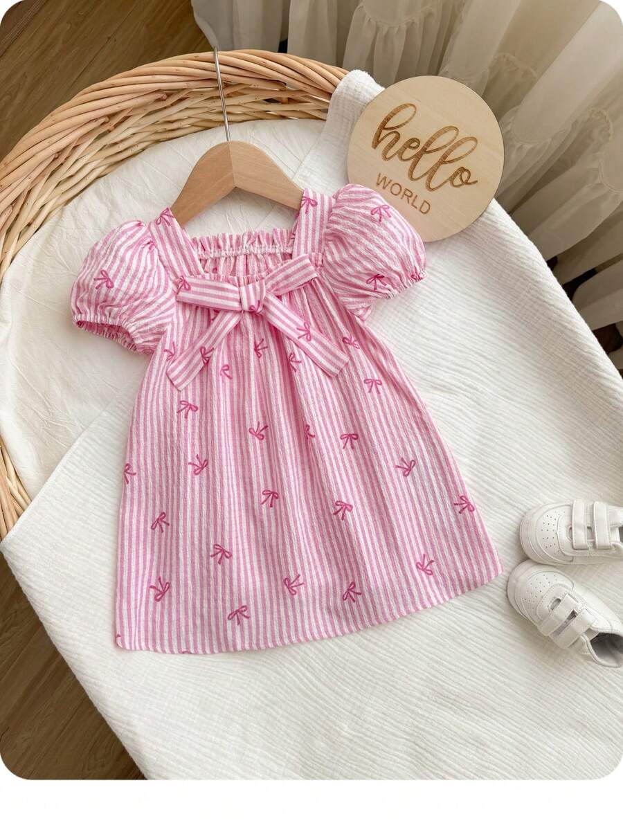 Green Plaid Short Sleeve Dress for Baby Girls - Cute Bow Accent Summer Outfit