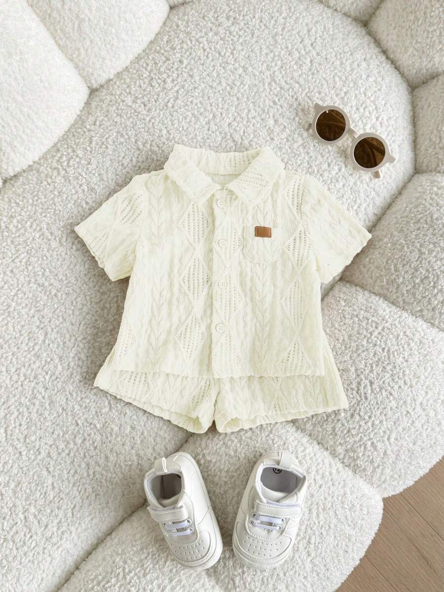 Baby Boy 2pcs Knit Jacquard Summer Set - Short Sleeve Shirt & Elastic Shorts